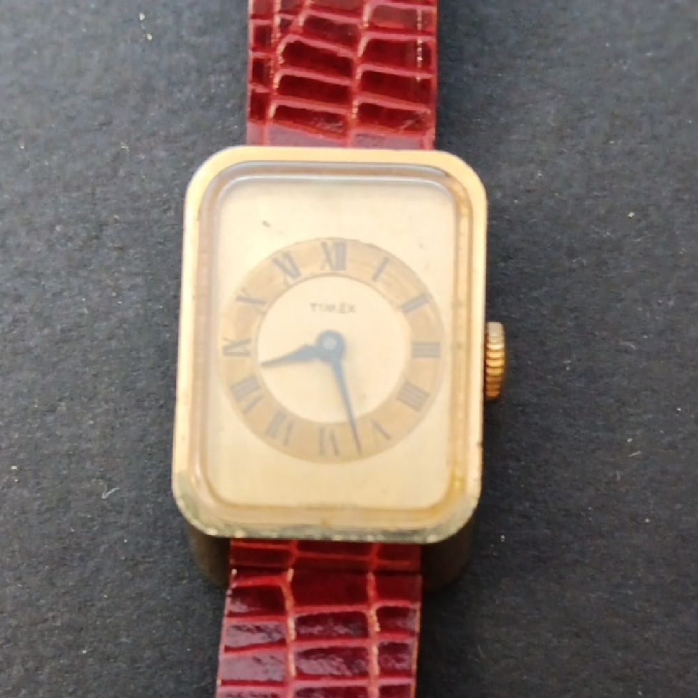 Vintage 1973 Timex Gold Dial with Red Leather Strap